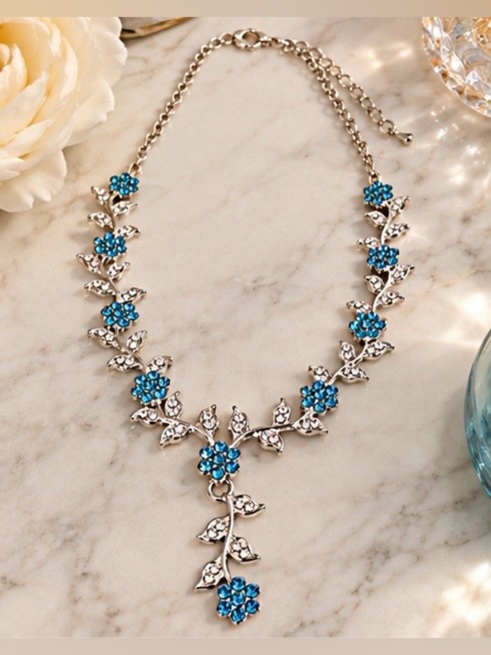 Blue Rhinestone Floral Vine Statement Necklace Silver Tone Y Drop 19”
